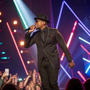 Ne-Yo, wearing a stylish black suit, performs on stage. Neon lights flash around him. Crowd goes wild.