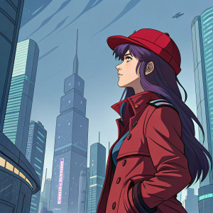 Misato Katsuragi, long purple hair, red hat, and red jacket, standing in a futuristic cityscape.