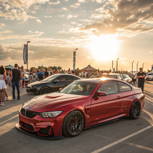 A shiny red BMW M3 parked in a vibrant, sunlit car show. Surrounded by sleek luxury cars and excited car enthusiasts.