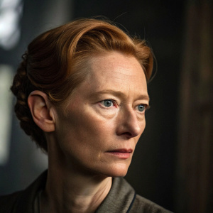 Close-up of Tilda Swinton. Intense expression. Dimly lit studio setting. Background blurred