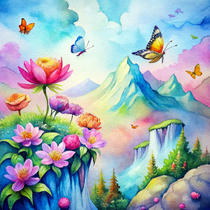 Draw me a land of gentleness, with many flowers and butterflies fluttering around. It's colorful."