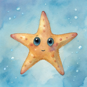 watercolor, cartoon, cute starfish on the bottom of the sea with eyes