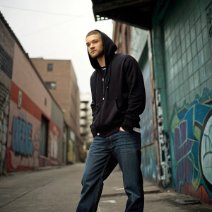 Justin Timberlake at a casual streetwear photoshoot. Wearing a black hoodie and jeans. Urban alleyway backdrop, graffiti walls