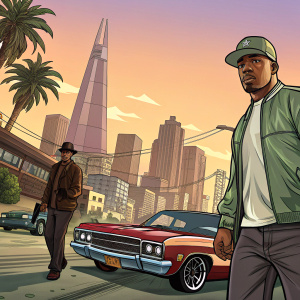 Promotional artwork for Grand Theft Auto: San Andreas. Vibrant game cover featuring key characters and urban landscape.