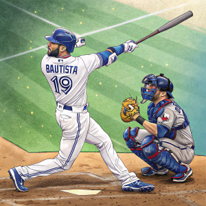 Jose Bautista in a dynamic batting pose at the annual MLB All-Star Game. White and blue uniform, name 'BAUTISTA', number '19'. Catcher with protective mask. Green grass outfield, dirt infield.