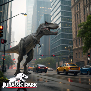 Photorealistic CGI of T-Rex in modern city, with cars, traffic light and buildings. Jurassic Park logo at bottom.