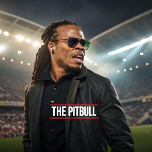 Edgar Davids, with fierce expression and sunglasses, featuring the nickname 'The Pitbull' in bold font. Sports arena background
