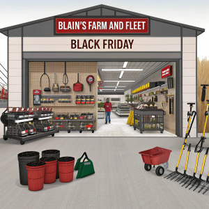 Blain's Farm and Fleet store, hosting a Black Friday sale. Displaying a variety of outdoor tools such as grills, shovels, Troy-Bilt weedeaters, buckets, and bags. All items are marked with special sale pricing.
