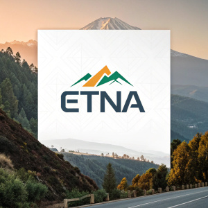 Modern graphic design featuring the ETNA logo with accompanying Spanish text. Clean layout emphasizes brand identity and partnership message. Background features subtle gradient.