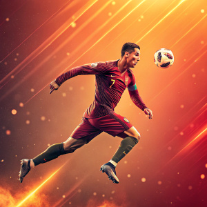 Digital art of Cristiano Ronaldo. Futuristic, motion blur, vibrant background, warm hues, dynamic pose, mid-jump, soccer ball