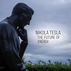 Nikola Tesla, depicted in a serene, contemplative pose against a vibrant green backdrop. Text overlay featuring his famous quote about the future of energy