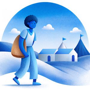 una persona trabajando en el sector humanitario de los refugiados, un dibujo muy sencillo 