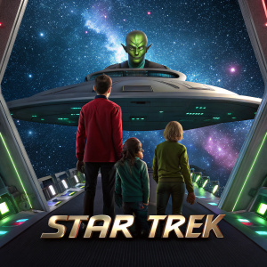 In a vibrant, futuristic setting, a crew from Star Trek faces a menacing green alien. They stand aboard a sleek, modern spaceship against a backdrop of endless stars. The scene is adorned with the iconic Star Trek logo and game title.