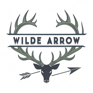 Dynamic logo for Wilde Arrow Archery. Bold, sleek design featuring deer antlers framing 'Wilde Arrow' text. Modern, edgy aesthetic. Predominantly gray tones with white background.