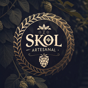 Logo for Skol Artesanal, a Chilean craft beer. It features the brand name 'Skol Artesanal' in elegant script. The design includes a detailed hop symbol and a laurel wreath in gold against a dark background.