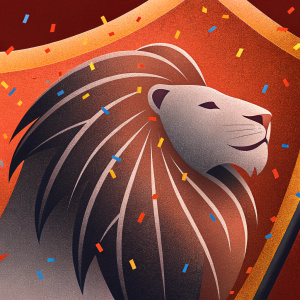 Logo for the Gujarat Lions team, Indian Premier League. Lion's head, vibrant orange, purple, and gold hues. Confetti effect background.
