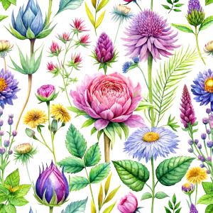 watercolor image , wrapping paper,artichokes  ,pink centaurea ,nigella ,mentha ,, hydrangea , wild lupine ,compass plant ,dogwoodevening primrose ,nodding onion , cosmos,scilla,hosta ,achillea,carly dock ,bee balm , physalis , watercolor,  background