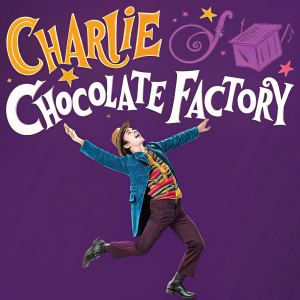 Poster for 'Charlie and the Chocolate Factory' musical. Vibrant pop art style. Charlie in a dynamic pose. Text in varied fonts and graphics. Color scheme rich with purple and other hues. Solid deep purple background.