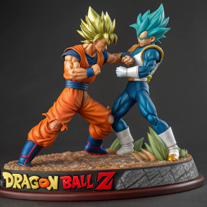 Highly detailed figurine of Goku and Vegeta in intense battle pose. Vibrant colors and metallic accents. Dragon Ball Z logo base.