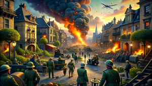 Generate an animated scene that transitions from the chaotic aftermath of World War I to a vibrant, uncertain interwar period with changing societal dynamics.