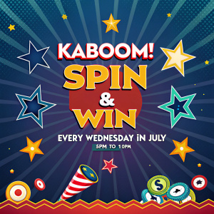 Exciting poster for Kaboom! Spin & Win game event. Takes place every Wednesday in July from 5pm to 10pm. Collect points and win big.