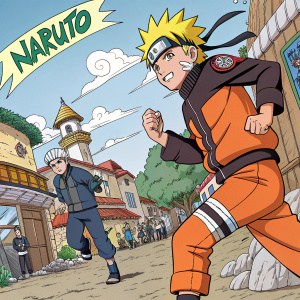 A vibrant, full-color manga panel showcasing the dynamic duo of Naruto characters. Each character stands in a heroic pose, framed by a backdrop of bustling, lively village scenes. Text bubbles and narration boxes fill the margins, narrating their epic journey and the challenges they face in protecting their village.