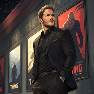 Chris Pratt, dressed in a black suit, posing confidently. Spanish poster for the film 'Thing'.
