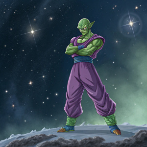 Piccolo, from Dragon Ball Z, in a dynamic pose. Intense facial expression. Digital painting style. Outer space background with stars