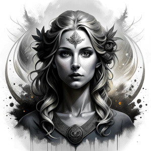 Saga, The Seer - Nordic Goddess of Sagas & Myths perfect realistic art, high-definition grey and black, white background tattoo design