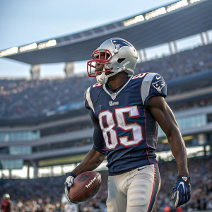 Kenbrell Thompkins, the gridiron titan, in navy jersey with number 85, clutching the ball. Stadium backdrop, blurry crowd cheering in distance. Detailed, high-definition snapshot.