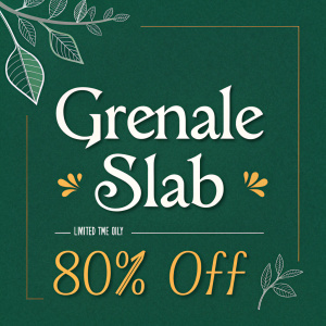 Elegant font display of 'Grenale Slab'. Deep green backdrop, callout text '80% off, Limited Time Only'.