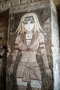 A full-body portrait of Tsunade, from "Naruto," depicted in the artistic style of ancient Egyptian murals on an ancient rock wall, highlighting the artistic style of ancient Egypt.
