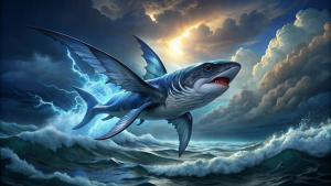 Flying shark with wings flying over the waves of stormy sea, storm clouds, hyperrealism, detailing