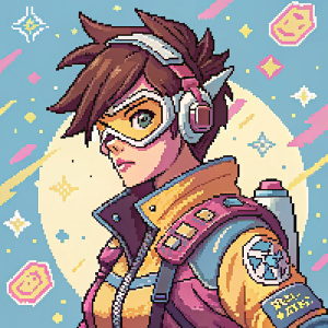 Pixel art illustration of an Overwatch character. 8-bit style, colorful background