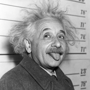 Albert Einstein's playful mugshot. Wild hair, prominent forehead, mustache, sticking out tongue