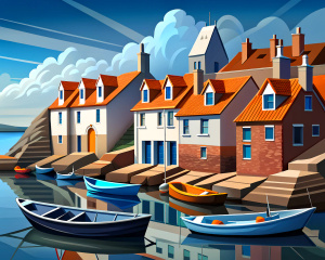 St Monans harbour in Fife with boats,style of Mandy Budan,acrylic painting,wide angle