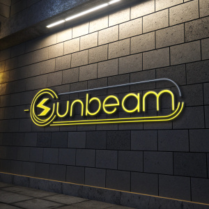 The Sunbeam brand's logo, redesigned for a tech startup. Modern, sleek font. Neon yellow and black color scheme.