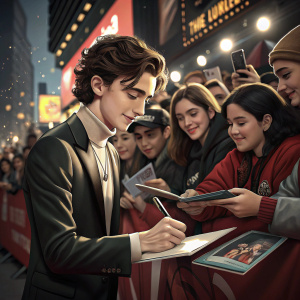 Timothée Chalamet signing autographs. A diverse crowd of fans, various ethnicities and styles of clothing.