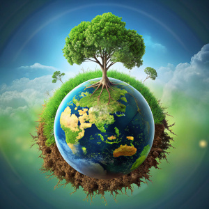 Green world with the image of the globe, growing trees with roots, symbolizing care for nature and ecology.