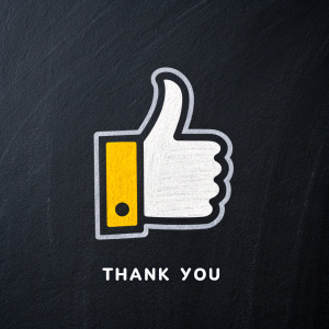 Thumbs-up emoji on a black background, simple white sans-serif font at the bottom reading 'thank you'