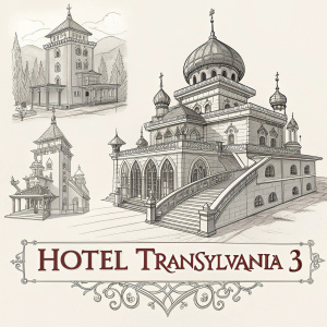 Concept art for Hotel Transylvania 3 showcasing detailed sketches of Ava's Palace. Sketch-like style with black and white shading. Focus on palace details like domes, turrets, and staircases. Title and character designs included.