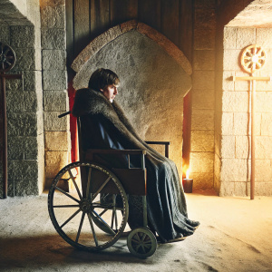 Isaac Hempstead-Wright, as Bran Stark, sitting in a rustic wooden wheelchair. Stone-cold room, dimly lit by flickering torches. Dark fur-lined cloak, medieval-themed backdrop.