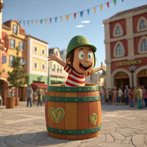 El Chavo del Ocho emerging from a colorful, cartoonish barrel in a bustling, vibrant 3D animated town square. Wearing iconic striped shirt and green cap.