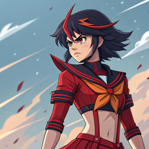 Ryuko Matoi from 'Kill la Kill', in a digital art style with vibrant colors and sharp lines. She's in her iconic red Kamui outfit.
