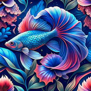 Create a mesmerizing seamless pattern featuring a vibrant beta fish in 8K resolution. Highlight the intricate details of the fish's scales and fins, ensuring a vivid and lifelike representation. Explore the interplay of colors and shadows to enhance photorealism.