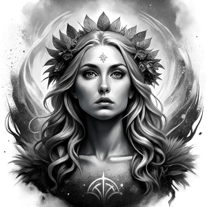 Saga, The Seer - Nordic Goddess of Sagas & Myths perfect realistic art, high-definition grey and black, white background tattoo design