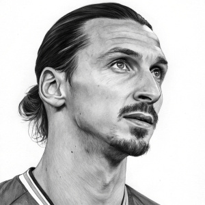 Realistic black and white portrait sketch of Zlatan Ibrahimovic. Close-up of his face. Plain white background highlighting facial features.