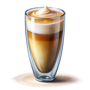 latte coffee in a tall, transparent glass on a white background