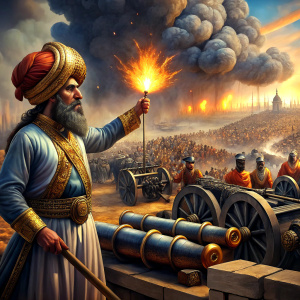 Mehmed the Conqueror fires the Shahi cannons in the Ottoman turbaned army