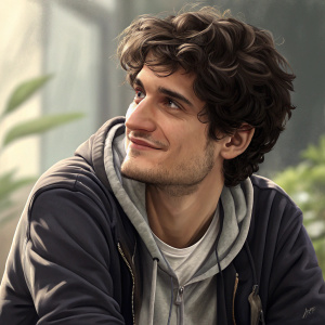 Louis Garrel, French actor, in casual attire. Focused close-up shot. Soft lighting, relaxed pose, gentle smile. Background blurred, hint of green.
